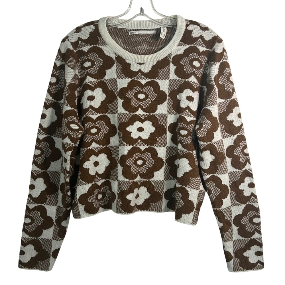 ONLY Womens Brown‎ White Floral Checkerboard Knit Sweater XL Retro Pullover